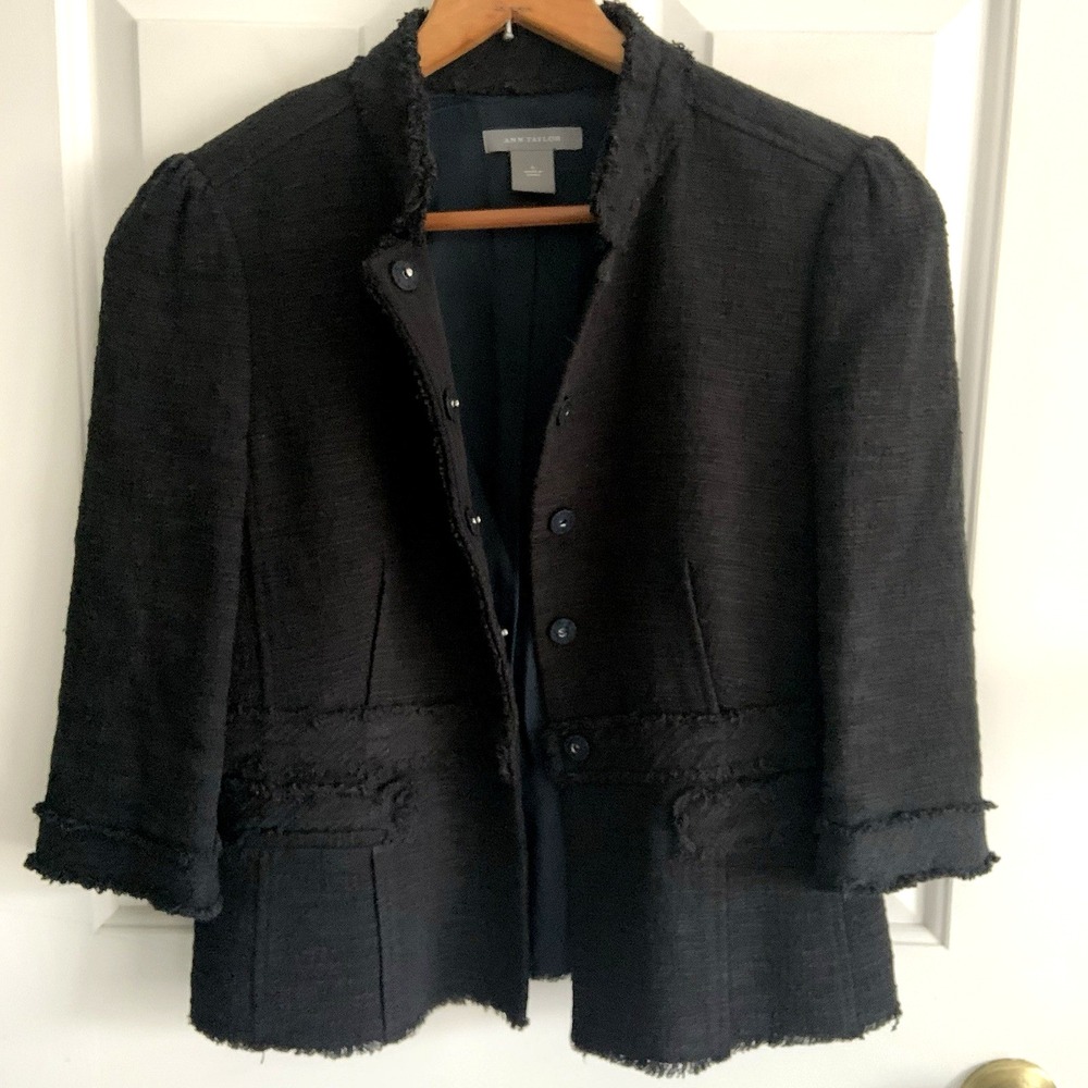 Ann Taylor Black Half Sleeve Lined Tweed Frayed Jacket sz 6 Dark Academia Career